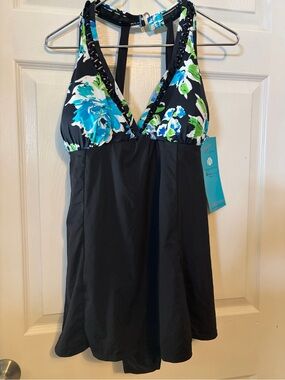 Black Floral Halter Swimdress with Blue & Green Accents